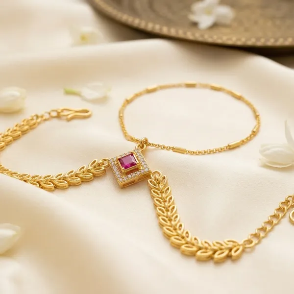 Gold_Tone_Copper_Leaf_Design_Pink_Stone_Palm_Bracelet_For_Women