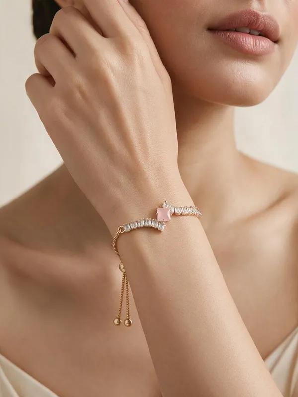 Gold_Tone_Copper_Pink_Heart_Stone-Studded_Bracelet_For_Women