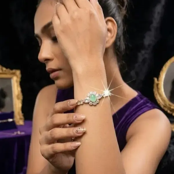 Silver_Tone_Copper_Green_Stone_Floral_Bracelet_For_Women