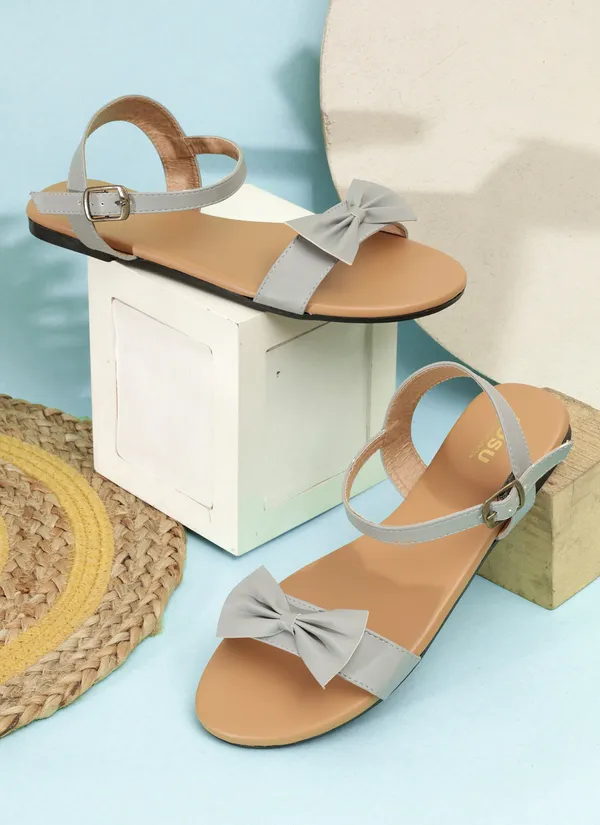 Grey_Bow_Detail_Flat_Sandals_For_Women