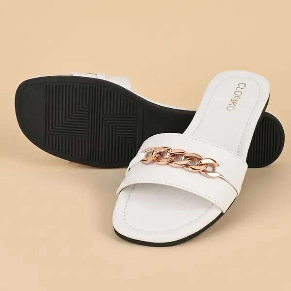 White_Chain_Detail_Flat_Sandals_For_Women