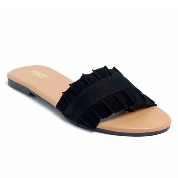 Black_Flat_Ruffle_Slide_Sandals_For_Women