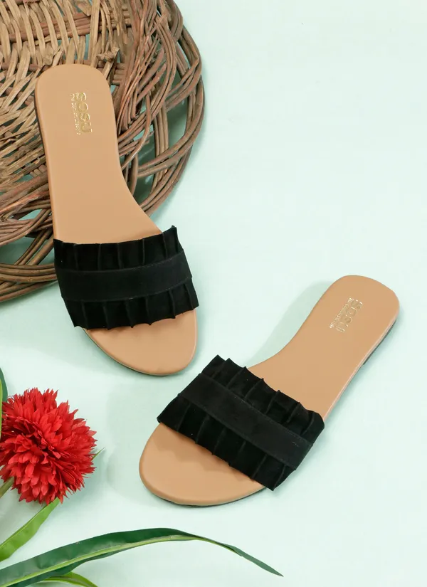 Black_Flat_Ruffle_Slide_Sandals_For_Women