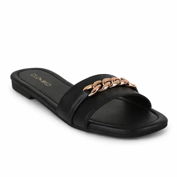 Black_Synthetic_Leather_Chain_Embellished_Flat_Slides_For_Women