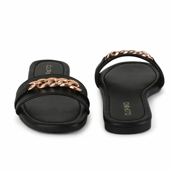 Black_Synthetic_Leather_Chain_Embellished_Flat_Slides_For_Women