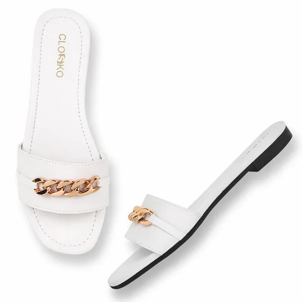 White_Chain_Detail_Flat_Sandals_For_Women