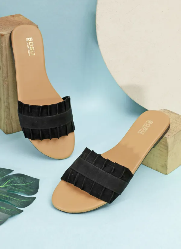 Black_Flat_Ruffle_Slide_Sandals_For_Women