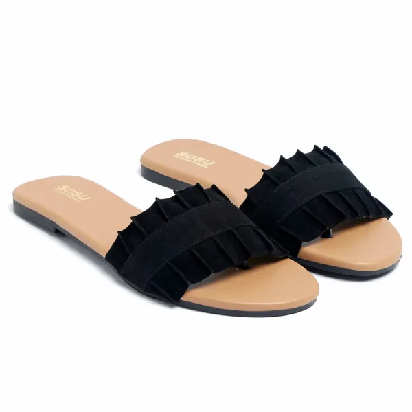 Black_Flat_Ruffle_Slide_Sandals_For_Women