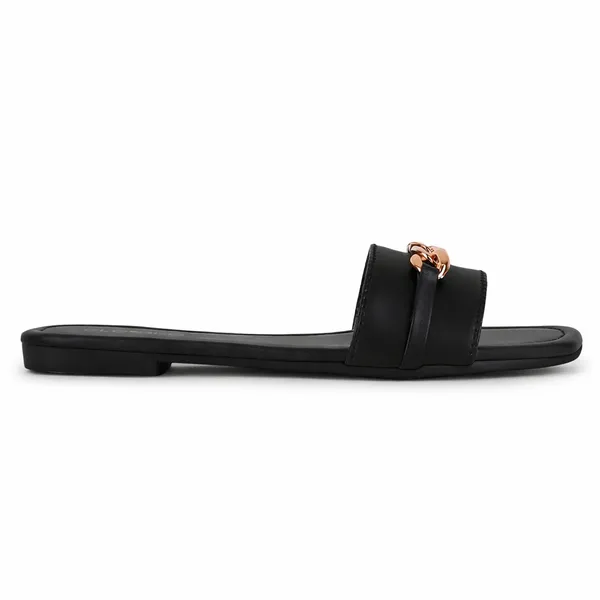 Black_Synthetic_Leather_Chain_Embellished_Flat_Slides_For_Women