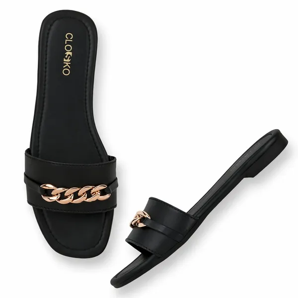 Black_Synthetic_Leather_Chain_Embellished_Flat_Slides_For_Women