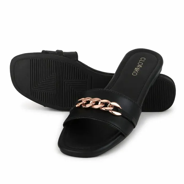 Black_Synthetic_Leather_Chain_Embellished_Flat_Slides_For_Women