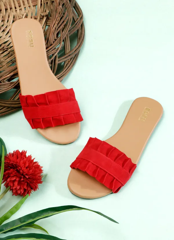 Red_Synthetic_Ruffle_Flat_Sandals_For_Women