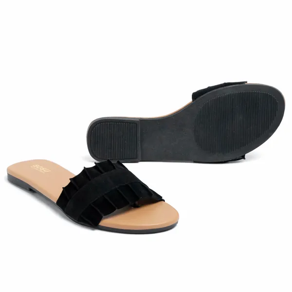 Black_Flat_Ruffle_Slide_Sandals_For_Women
