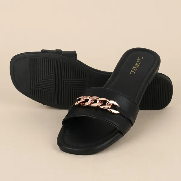 Black_Synthetic_Leather_Chain_Embellished_Flat_Slides_For_Women