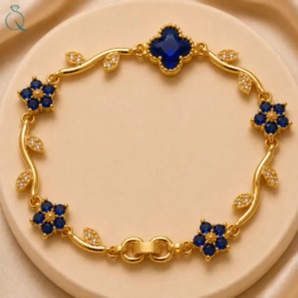 Gold_Tone_Blue_Floral_Charm_Bracelet_for_Women