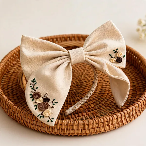 Beige_Fabric_Floral_Embroidered_Bow_Headband_For_Women