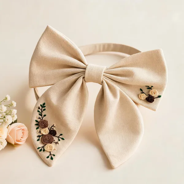 Beige_Fabric_Floral_Embroidered_Bow_Headband_For_Women