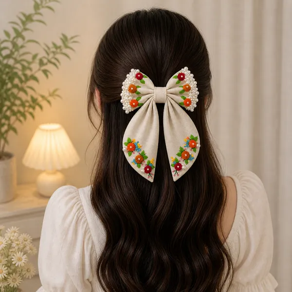 Beige_Fabric_Floral_Embroidered_Bow_Hair_Clip_For_Women
