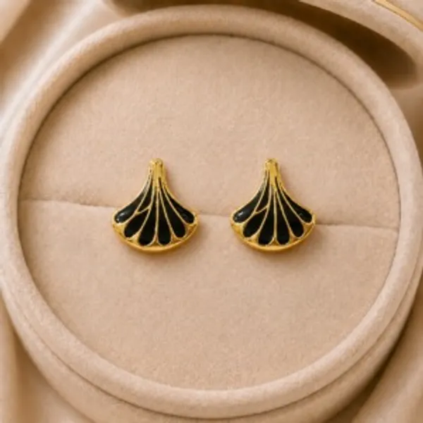 Gold_Tone_Black_Fan_Shaped_Stud_Earrings