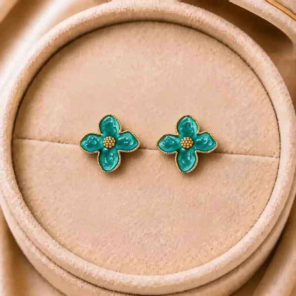 Teal_Alloy_Four-Petal_Flower_Stud_Earrings_For_Women_-_Pack_of_4