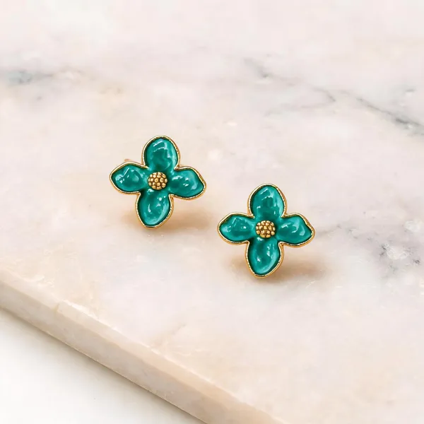 Teal_Alloy_Four-Petal_Flower_Stud_Earrings_For_Women_-_Pack_of_4