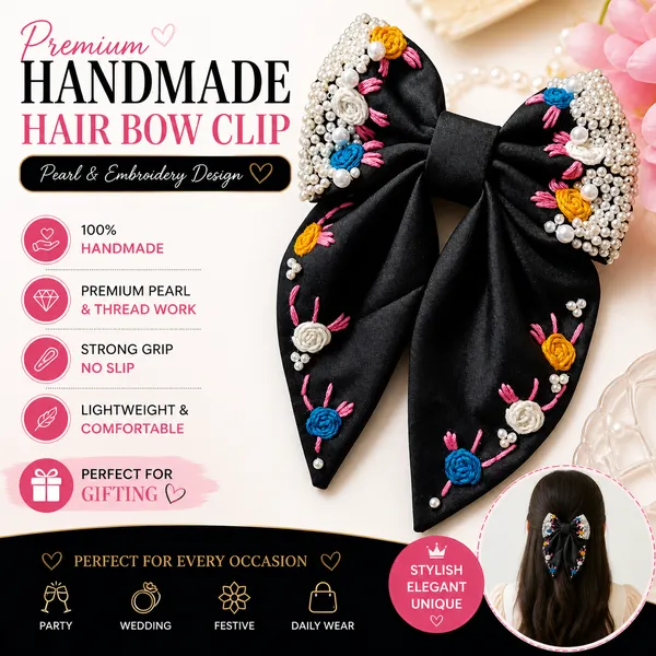 Black_Satin_Floral_Embroidered_Bow_Hair_Clip_For_Women