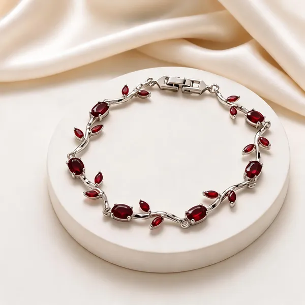 Silver-Tone_Red_Stone_Leaf_Design_Bracelet_For_Women