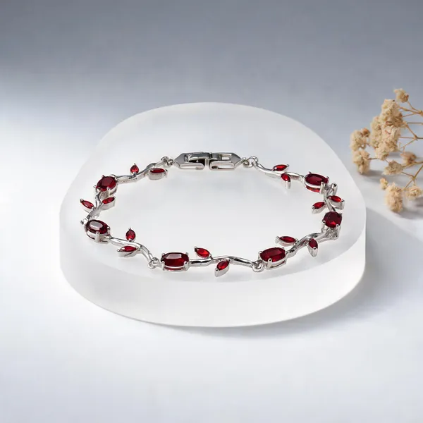 Silver-Tone_Red_Stone_Leaf_Design_Bracelet_For_Women