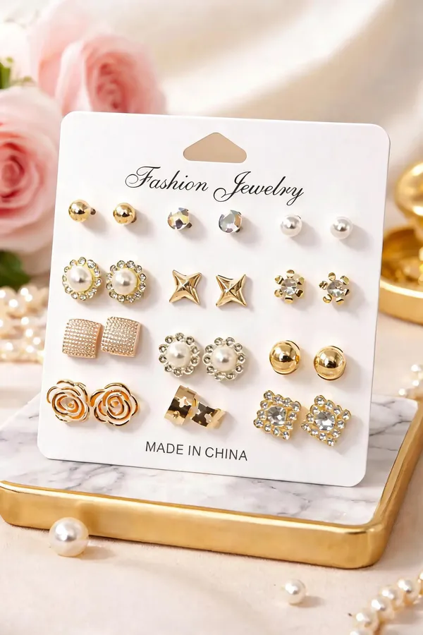 Multicolor_Alloy_Pearl_Crystal_Geometric_Stud_Earrings_Set_Of_12_For_Women