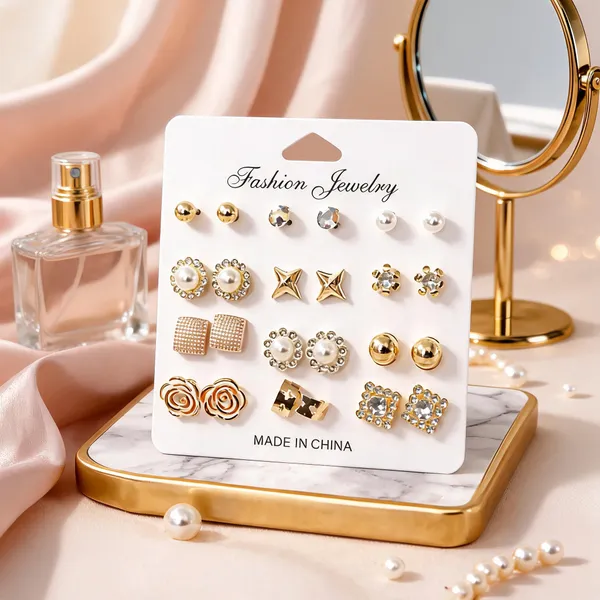 Multicolor_Alloy_Pearl_Crystal_Geometric_Stud_Earrings_Set_Of_12_For_Women