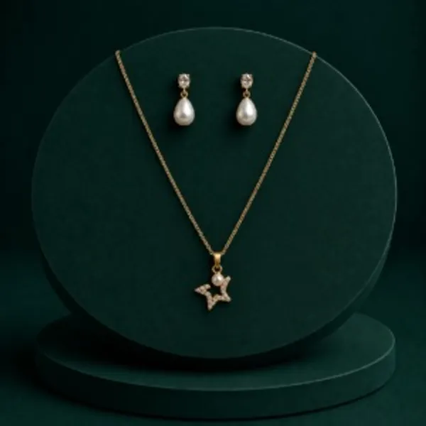 Gold_Tone_Star_Pendant_Necklace_And_Pearl_Drop_Earrings_Set