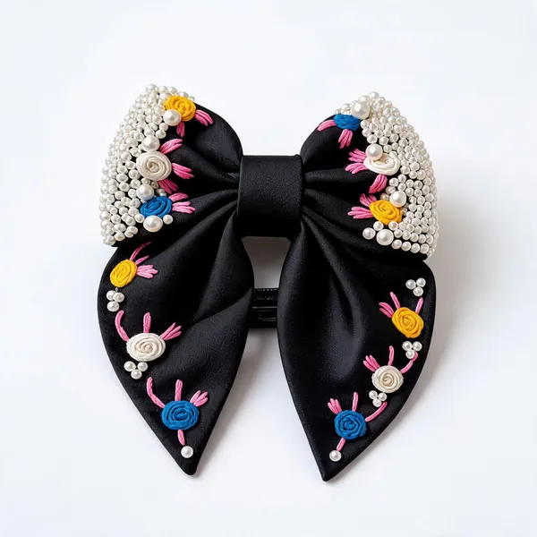 Black_Satin_Floral_Embroidered_Bow_Hair_Clip_For_Women