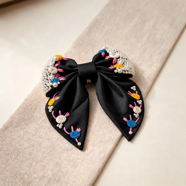 Black_Satin_Floral_Embroidered_Bow_Hair_Clip_For_Women