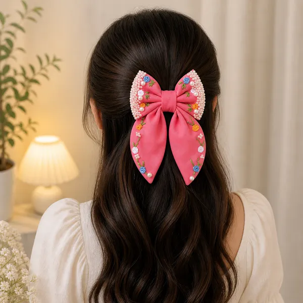 Pink_Fabric_Floral_Embroidered_Bow_Hair_Clip_For_Women