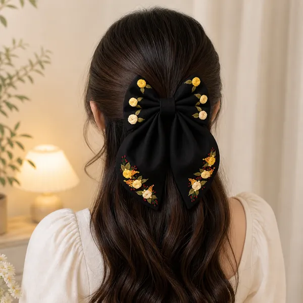 Black_Satin_Floral_Embroidered_Bow_Hair_Clip_For_Women