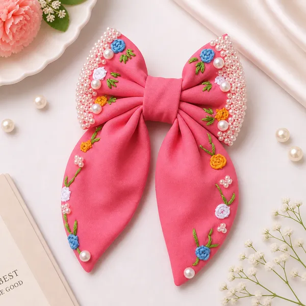 Pink_Fabric_Floral_Embroidered_Bow_Hair_Clip_For_Women