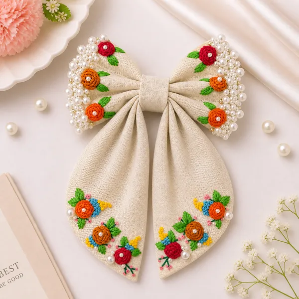 Beige_Fabric_Floral_Embroidered_Bow_Hair_Clip_For_Women