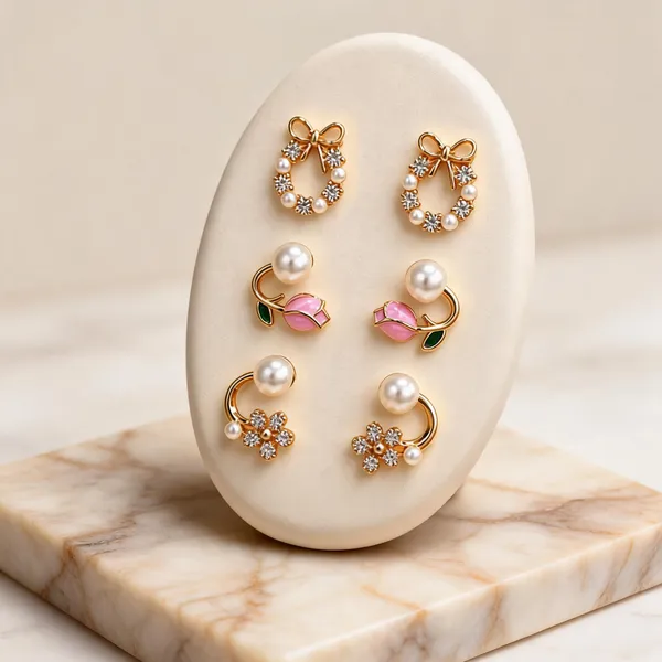 Golden_Alloy_Pearl_Floral_And_Bow_Stud_Earrings_Set_For_Women