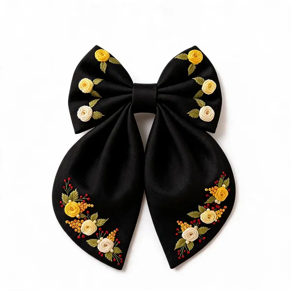 Black_Satin_Floral_Embroidered_Bow_Hair_Clip_For_Women