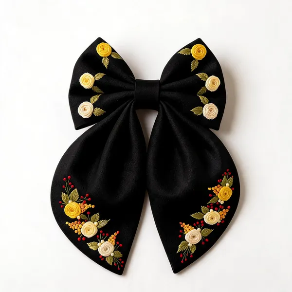 Black_Satin_Floral_Embroidered_Bow_Hair_Clip_For_Women