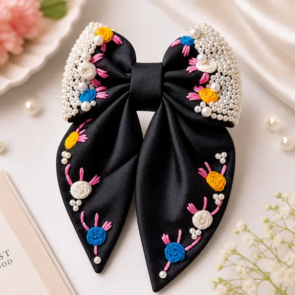 Black_Satin_Floral_Embroidered_Bow_Hair_Clip_For_Women