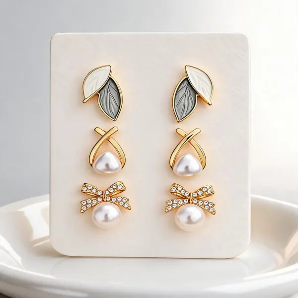 Golden_Alloy_Pearl_Leaf_And_Bow_Stud_Earrings_Set_For_Women