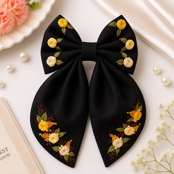 Black_Satin_Floral_Embroidered_Bow_Hair_Clip_For_Women