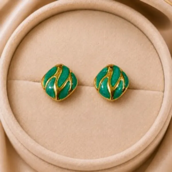 Green_Enamel_Gold_Tone_Stud_Earrings_for_Women