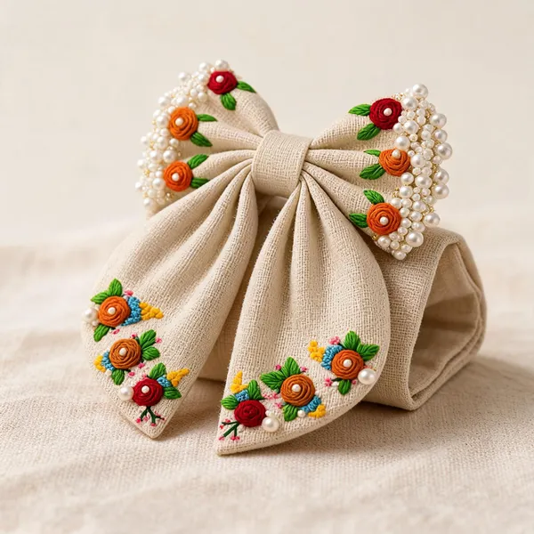 Beige_Fabric_Floral_Embroidered_Bow_Hair_Clip_For_Women