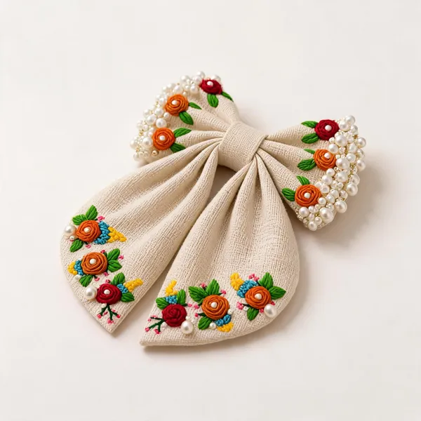 Beige_Fabric_Floral_Embroidered_Bow_Hair_Clip_For_Women