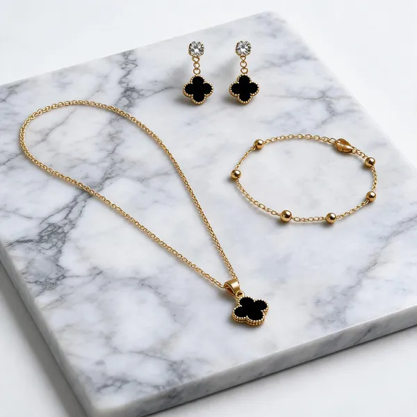Golden_Alloy_Black_Clover_Necklace_Earrings_And_Bracelet_Set_For_Women