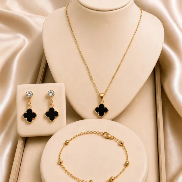 Golden_Alloy_Black_Clover_Necklace_Earrings_And_Bracelet_Set_For_Women