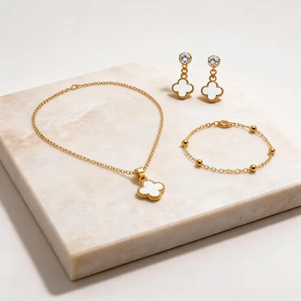 Golden_Alloy_Clover_Floral_Necklace_Earrings_And_Bracelet_Set_For_Women