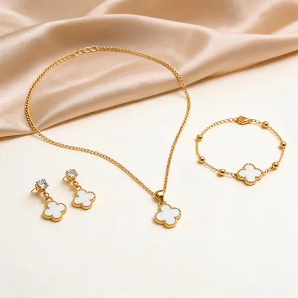 Golden_Alloy_Clover_Floral_Necklace_Earrings_And_Bracelet_Set_For_Women